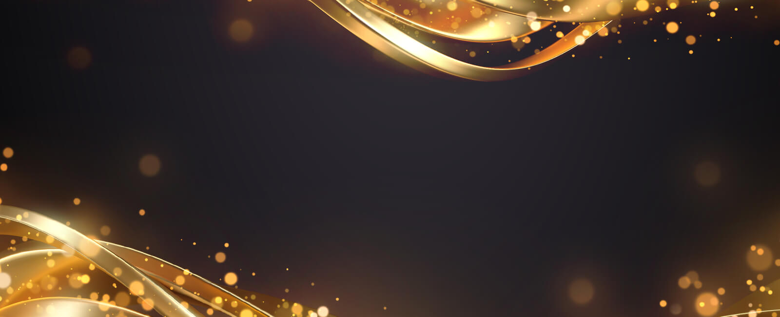 Gold ribbon graphic flowing through a dark space